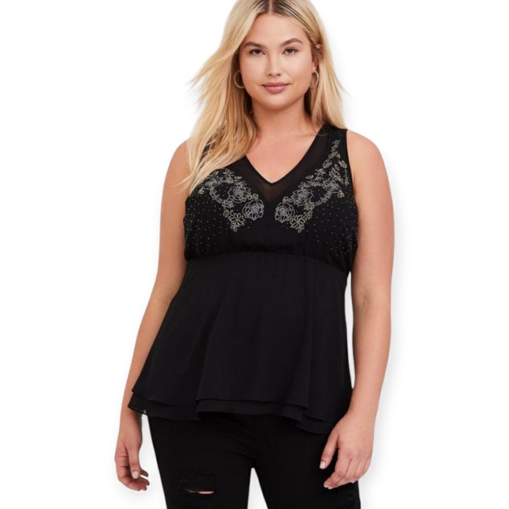 🖤 Torrid Floral Peplum Tank | Embellished | V-Neck Zip | 1X (14–16)